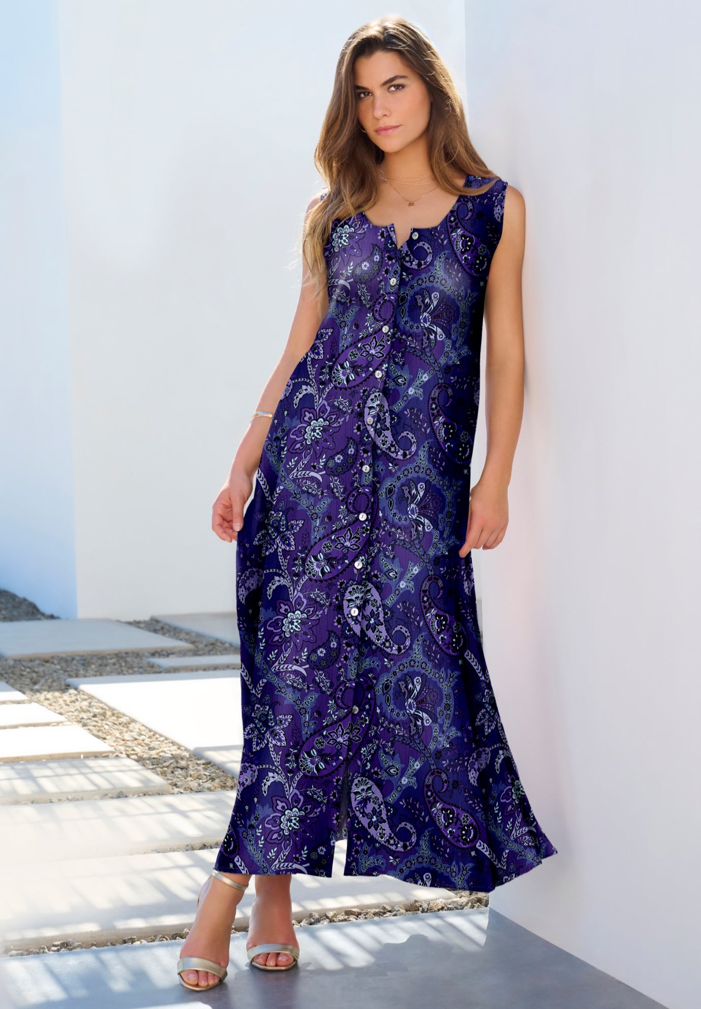 Plus Size Sleveless Hand-Crinkled Button-Front A-Line Maxi &ndash; Curvy Breezy Dress image number 0