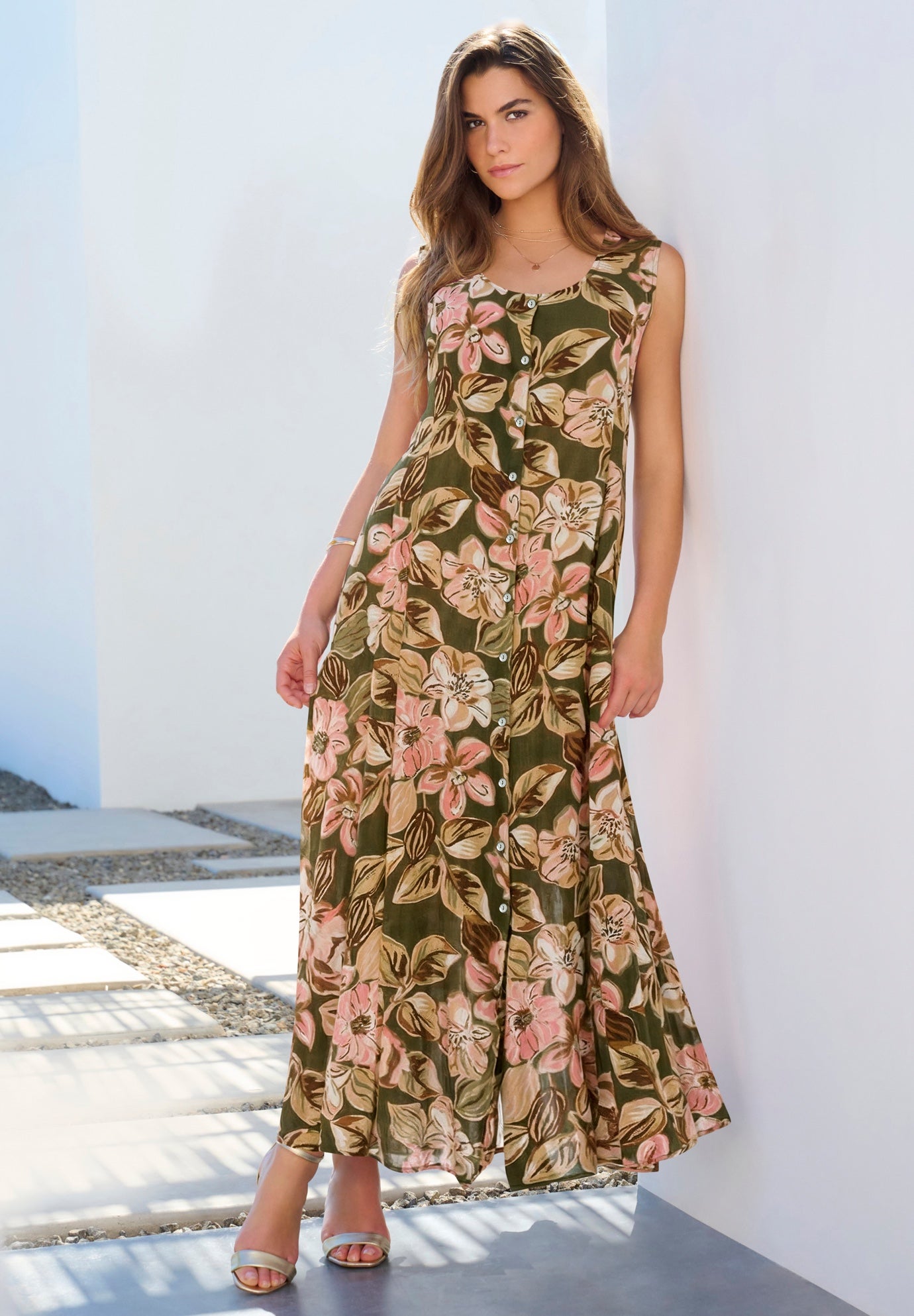 Plus Size Sleveless Hand-Crinkled Button-Front A-Line Maxi &ndash; Curvy Breezy Dress image number 0