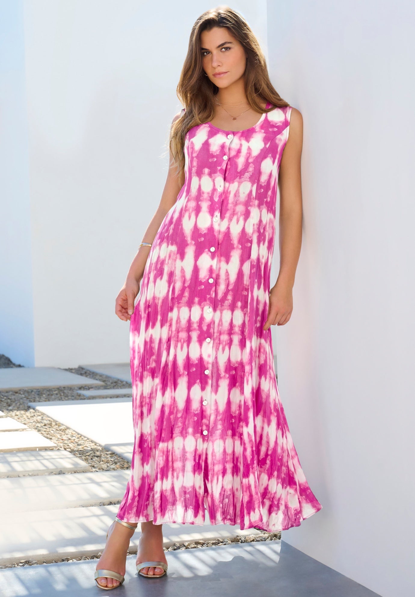 Plus Size Sleveless Hand-Crinkled Button-Front A-Line Maxi &ndash; Curvy Breezy Dress image number 0