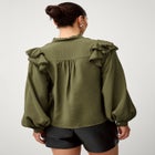 Ruffle Shoulder Blouse with Flat Pom Pom Trim image number null