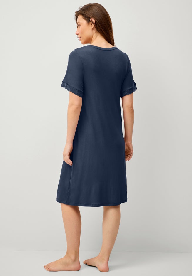 Stretch Knit V-neck Short Sleeve Lace Trim Sleep Shirt image number 1