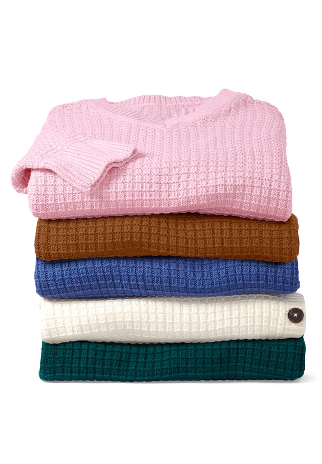 Side Button V-Neck Waffle Knit Sweater image number 3