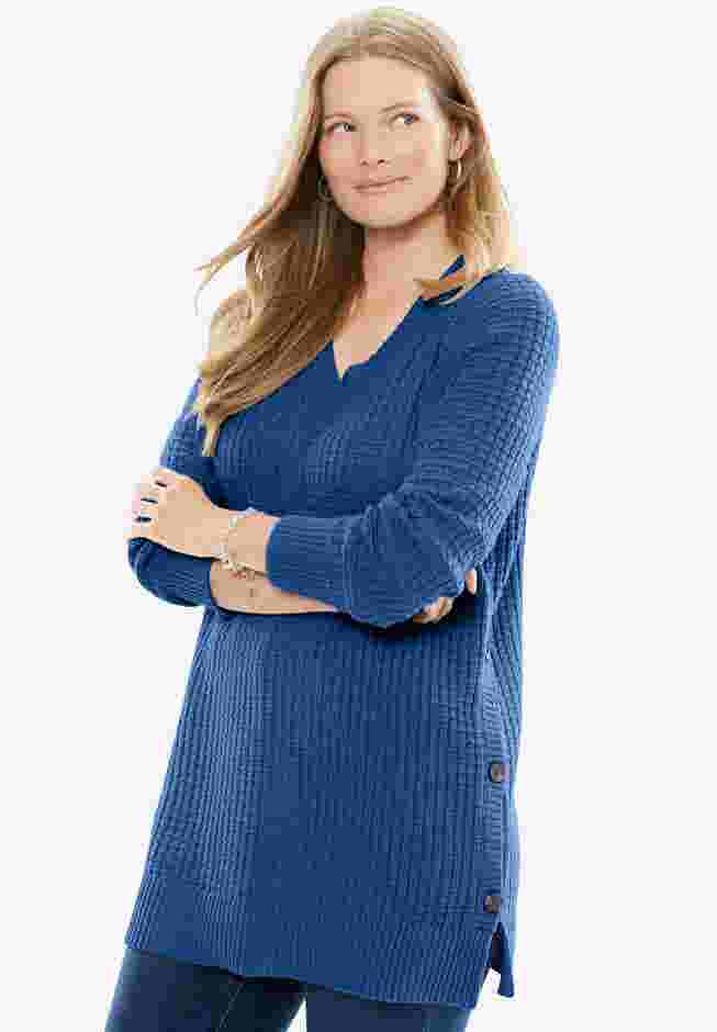 Side Button V-Neck Waffle Knit Sweater image number 3