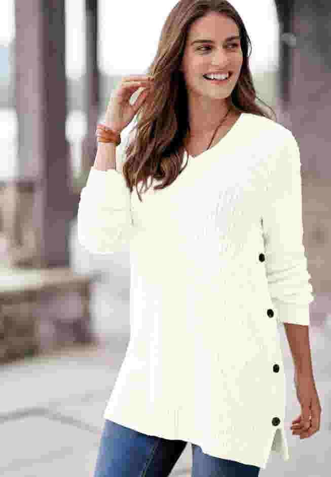 Side Button V-Neck Waffle Knit Sweater image number 4