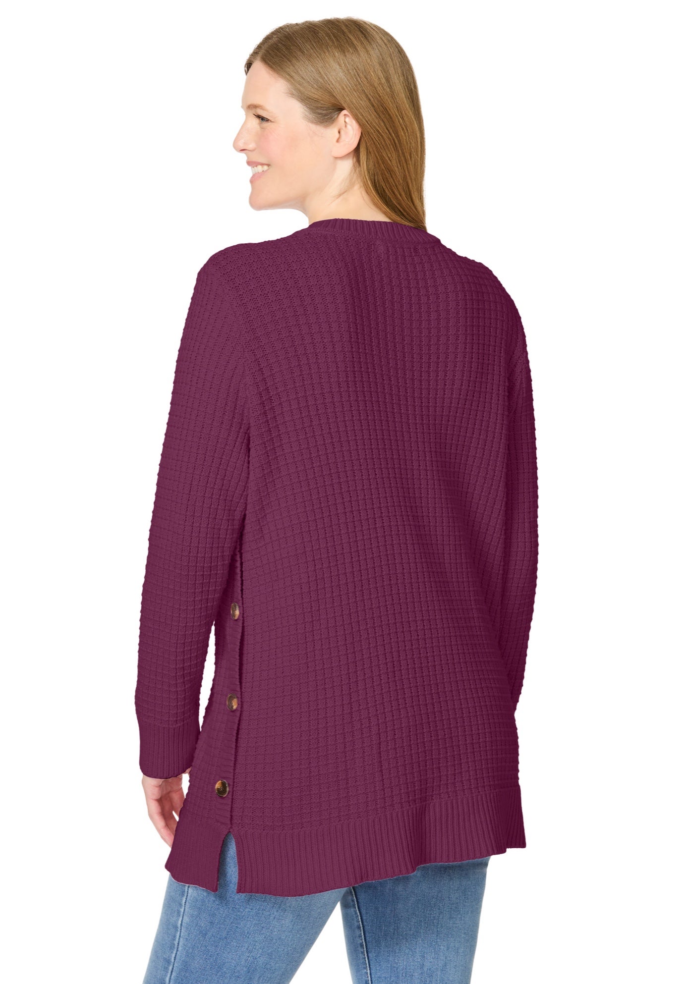 Side Button V-Neck Waffle Knit Sweater image number 1