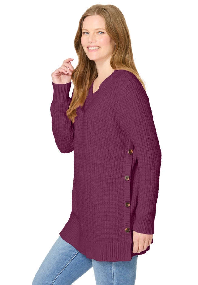 Side Button V-Neck Waffle Knit Sweater image number 2