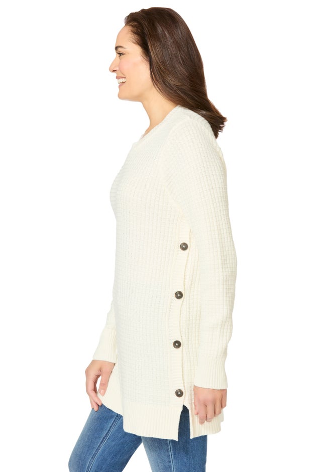 Side Button V-Neck Waffle Knit Sweater image number 2