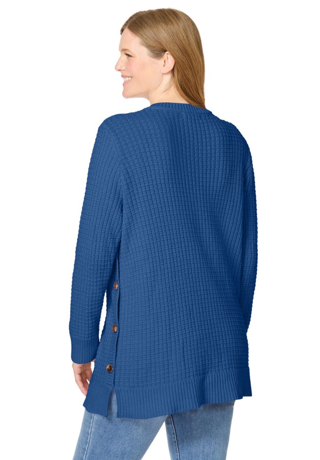 Side Button V-Neck Waffle Knit Sweater image number 1