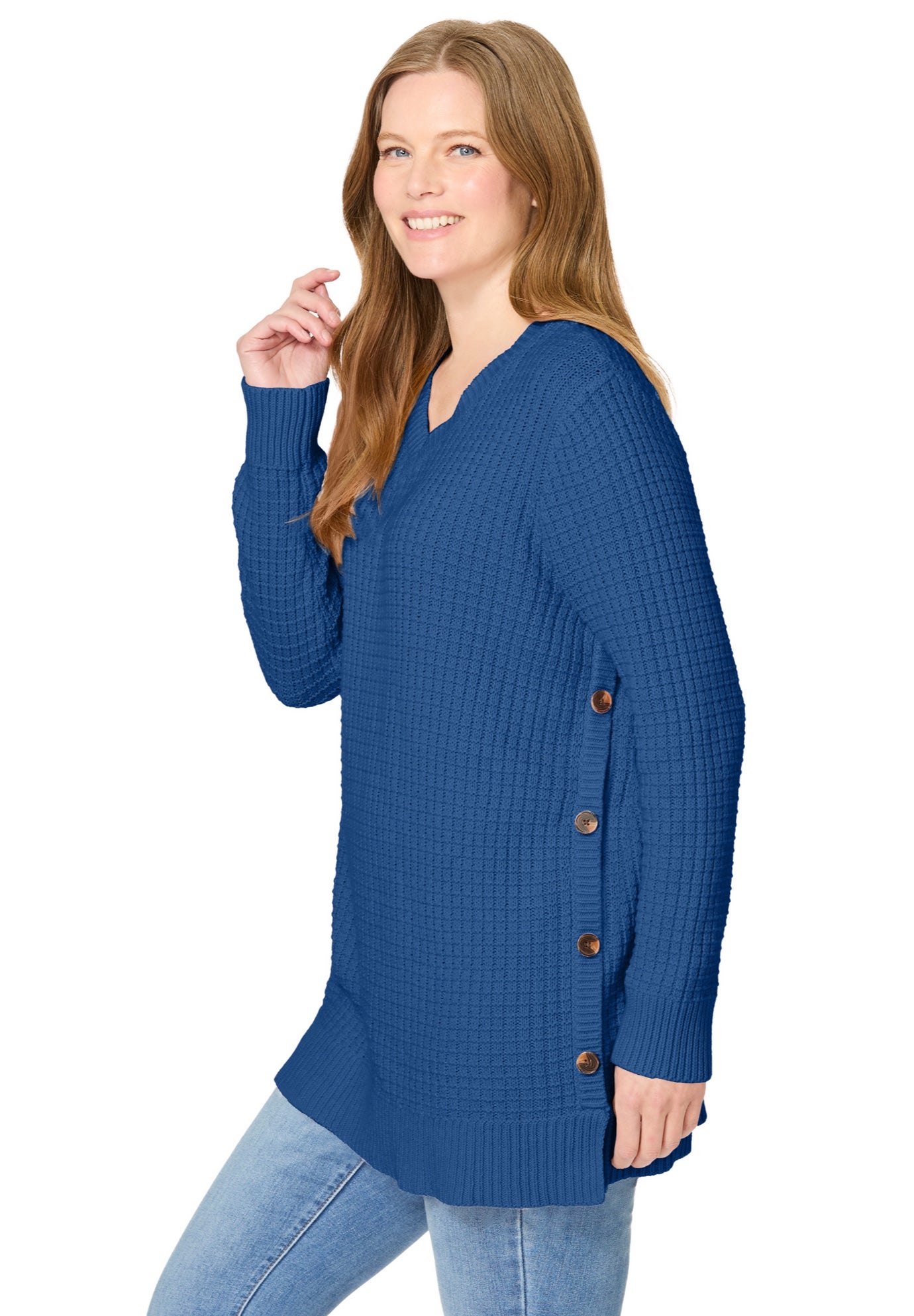 Side Button V-Neck Waffle Knit Sweater image number 2