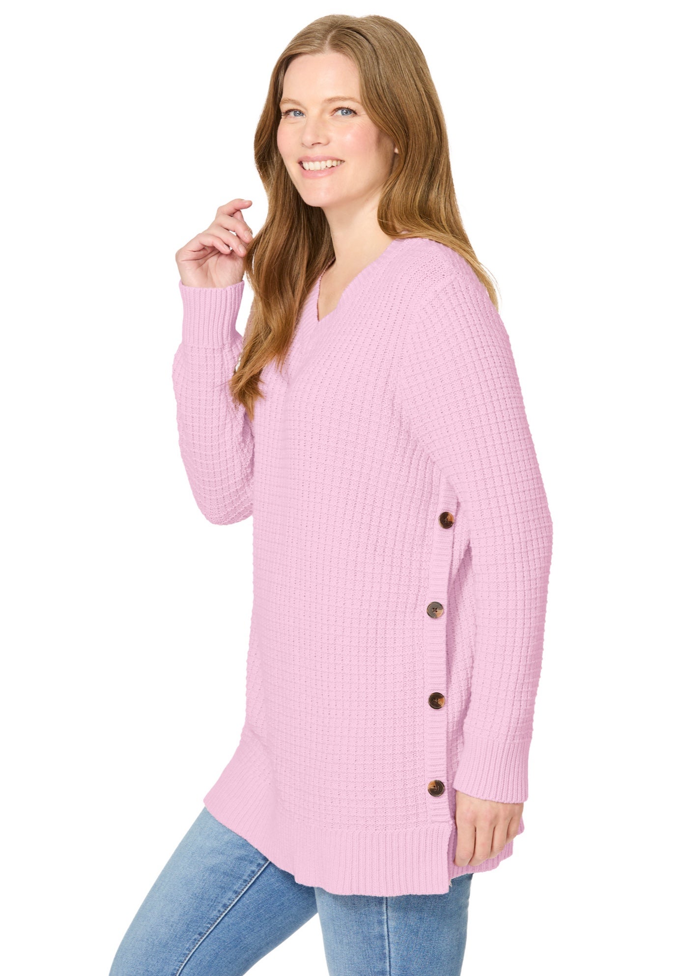 Side Button V-Neck Waffle Knit Sweater image number 2
