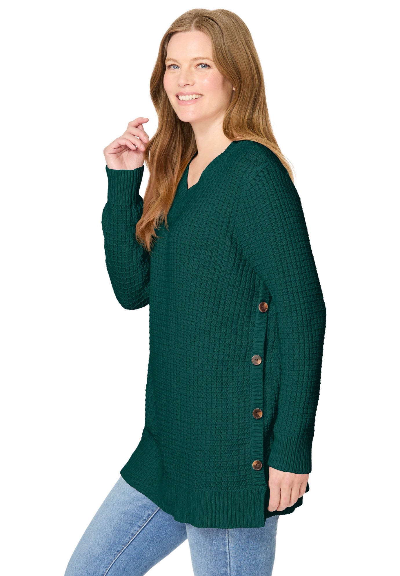 Side Button V-Neck Waffle Knit Sweater image number 2