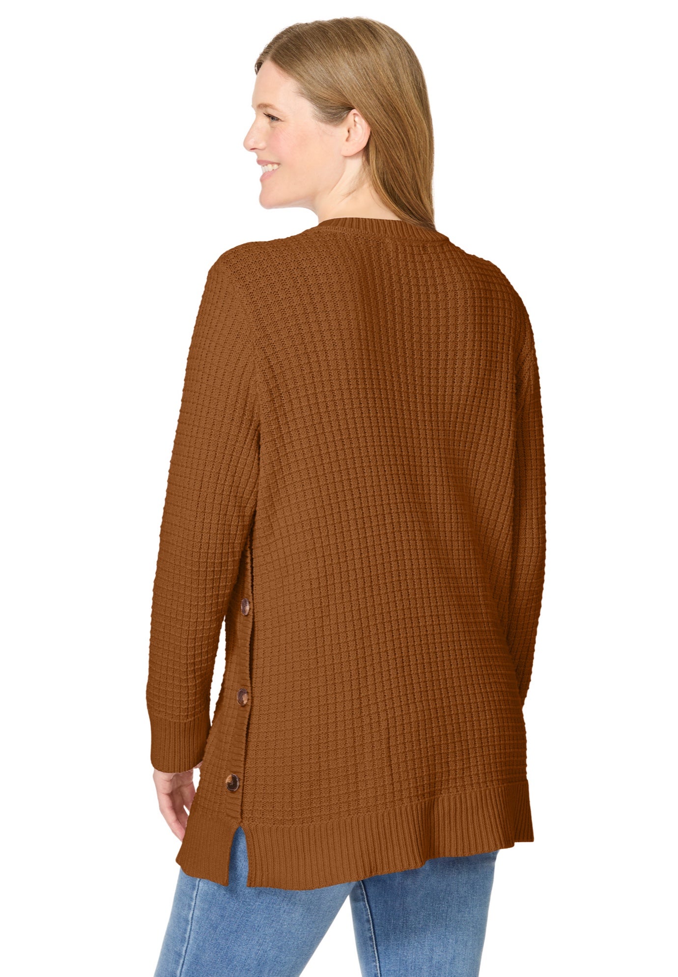 Side Button V-Neck Waffle Knit Sweater image number 1