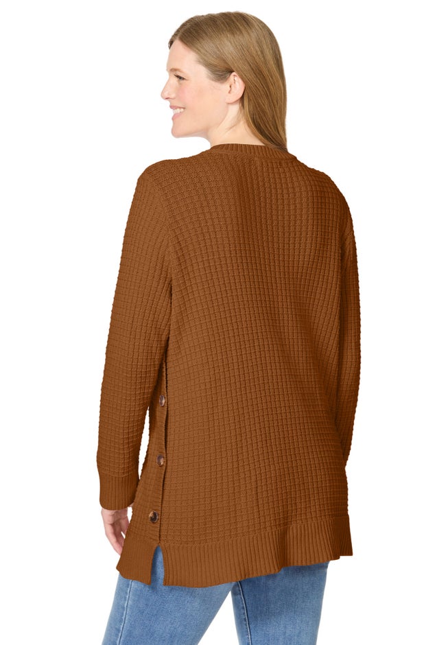 Side Button V-Neck Waffle Knit Sweater image number 1
