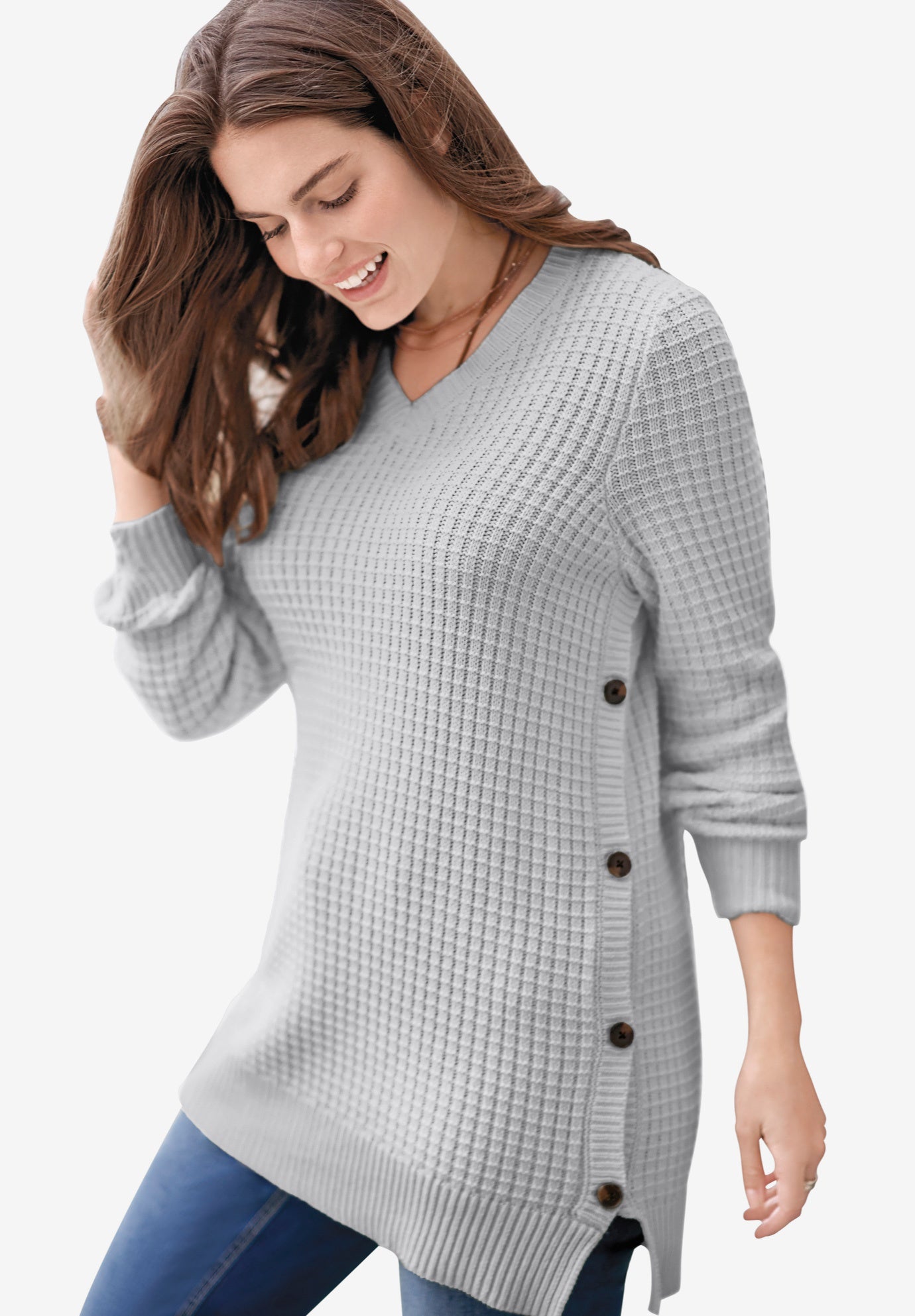 Side Button V-Neck Waffle Knit Sweater image number 0