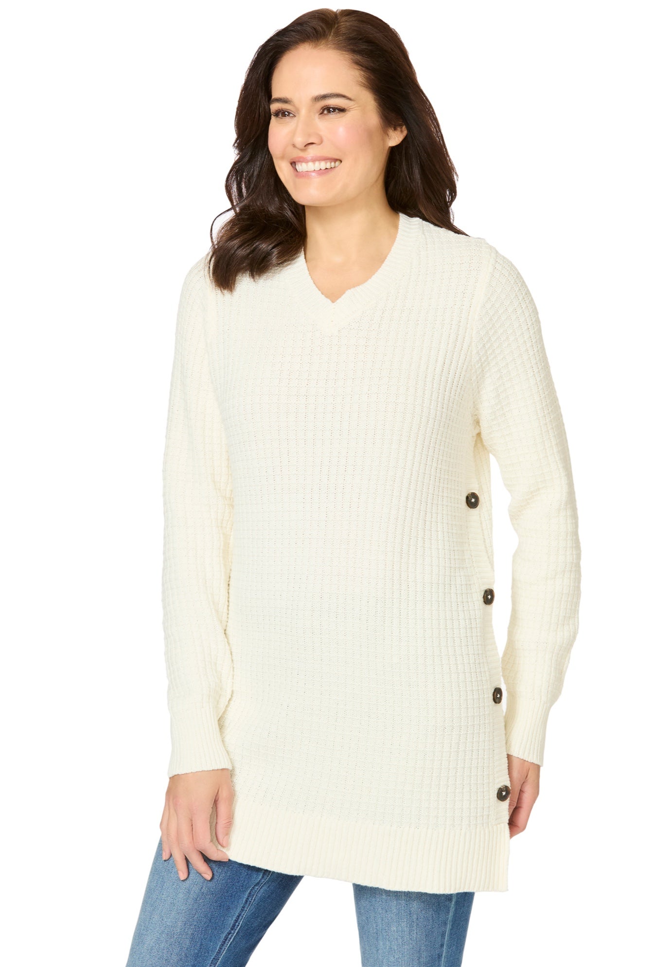 Side Button V-Neck Waffle Knit Sweater image number 0