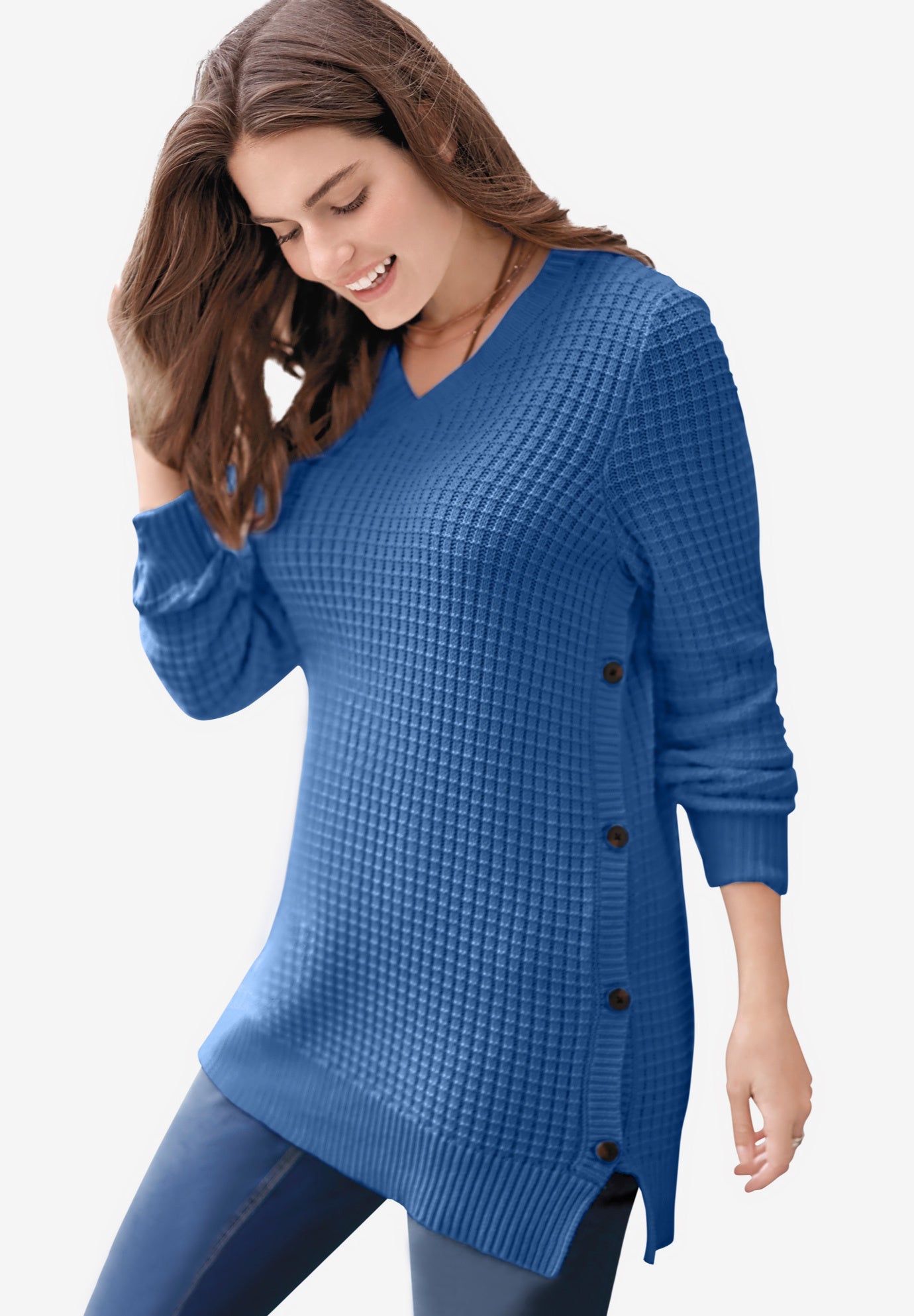 Side Button V-Neck Waffle Knit Sweater image number 0