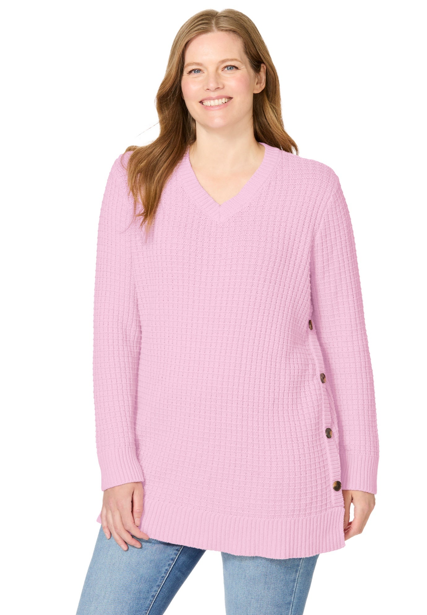 Side Button V-Neck Waffle Knit Sweater image number 0