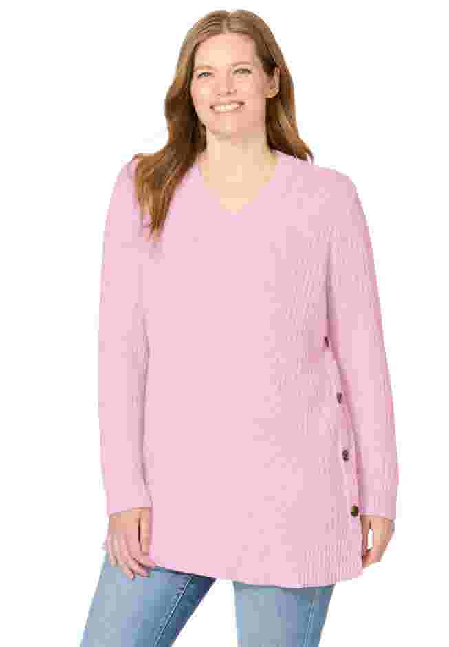 Side Button V-Neck Waffle Knit Sweater image number 0
