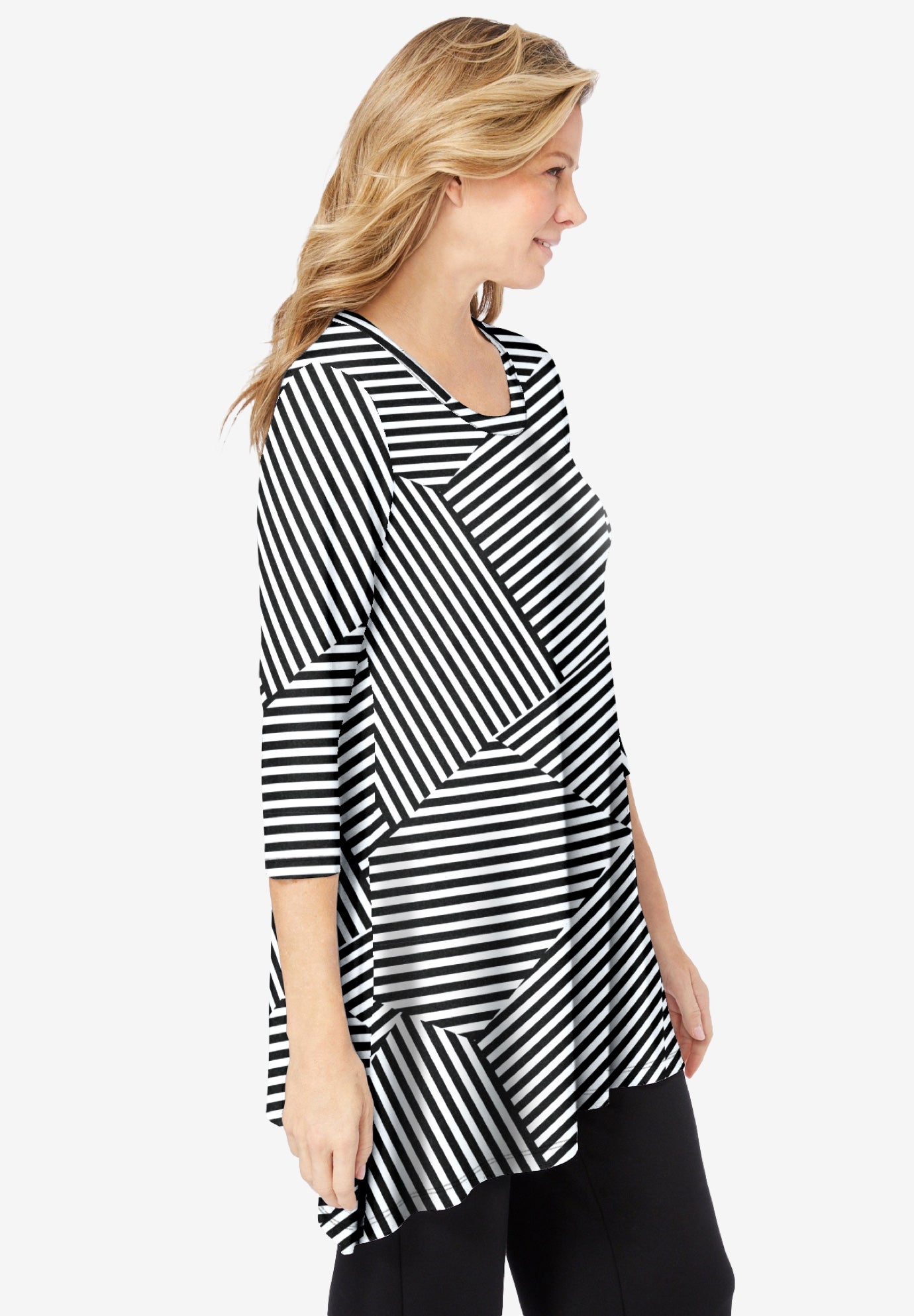 Sharkbite Tunic - Soft Stretch Knit Top, Black Patch Stripe