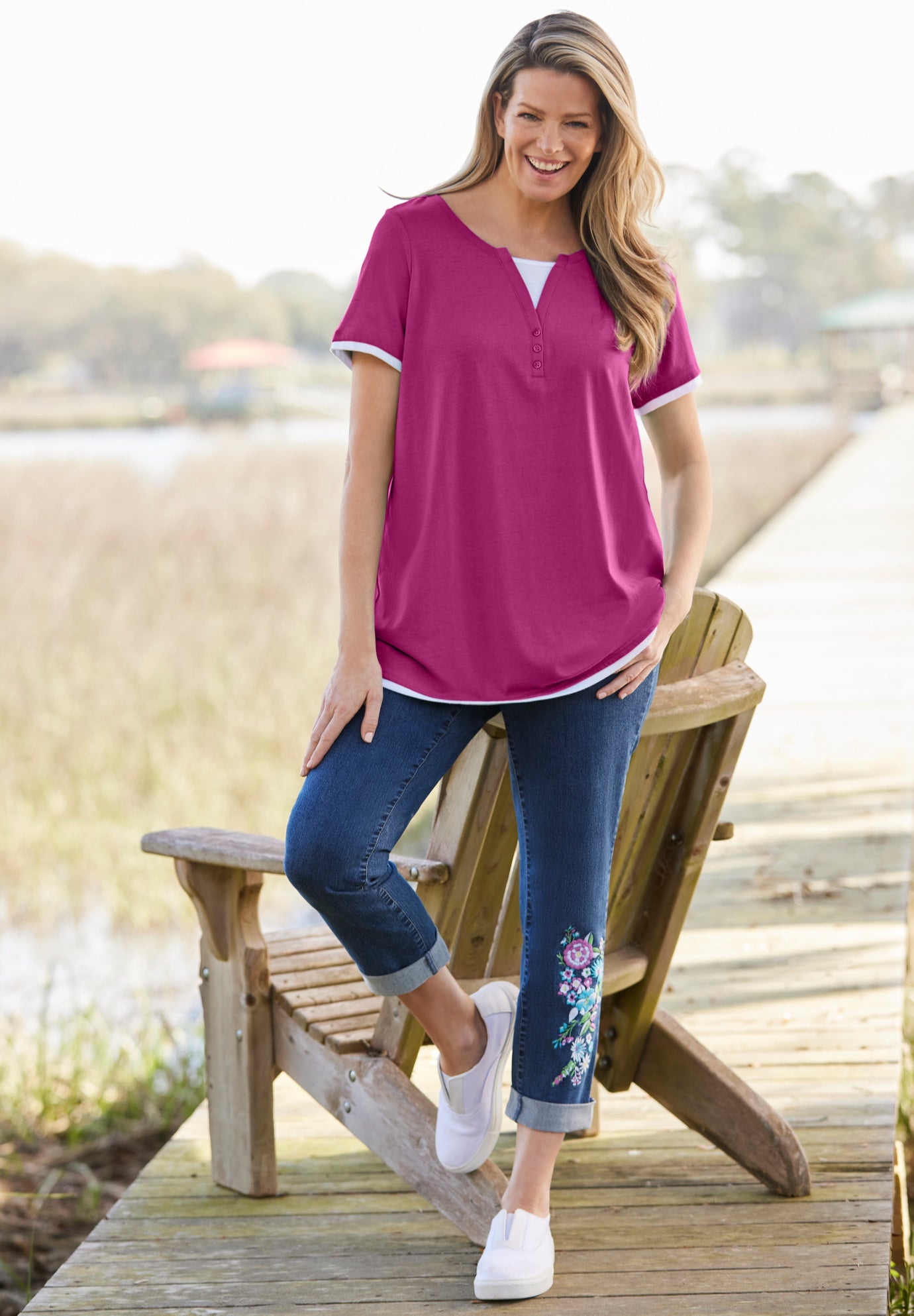 Layered-Look Tee with Button-Trim Henley Neck, Bright Cobalt