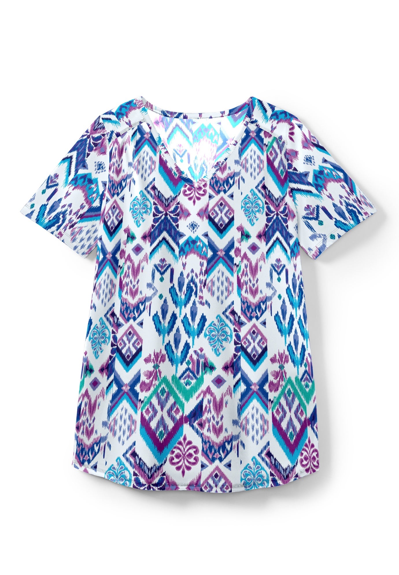 V-Neck Shirred Tee for Plus Sizes - Short Sleeve, Multi Dip