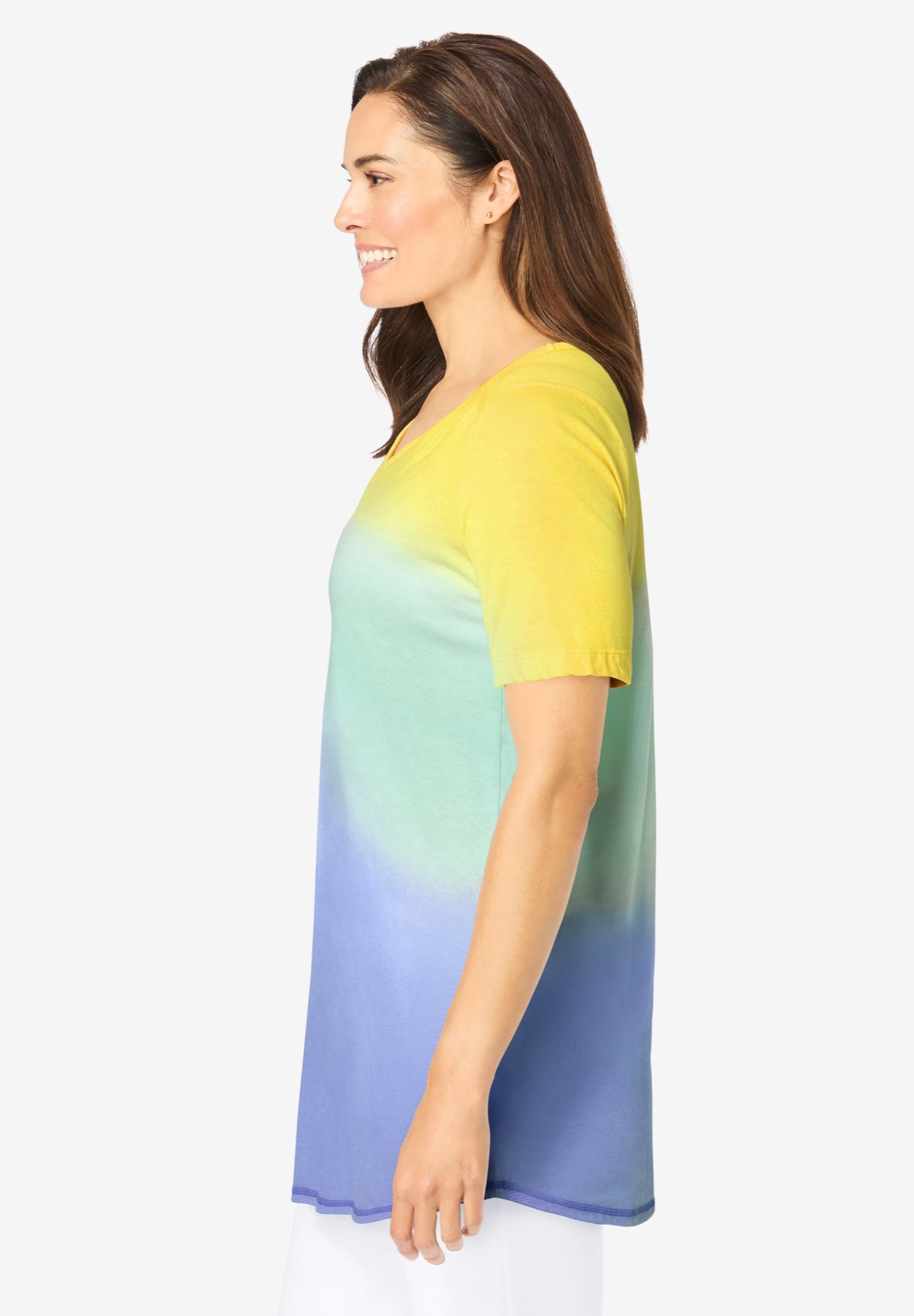 V-Neck Shirred Tee for Plus Sizes - Short Sleeve, Multi Dip