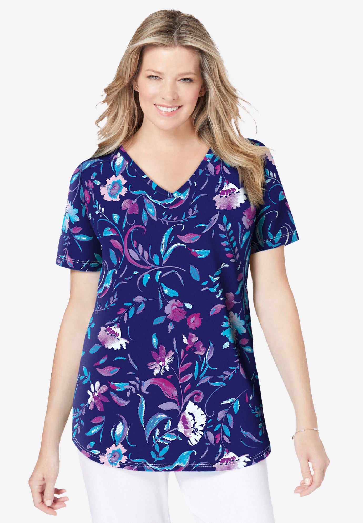 Short-Sleeve V-Neck Shirred Tee image number 1