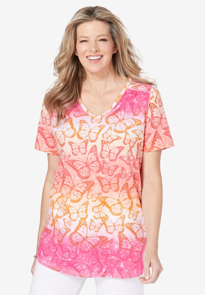 Short-Sleeve V-Neck Shirred Tee image number 1