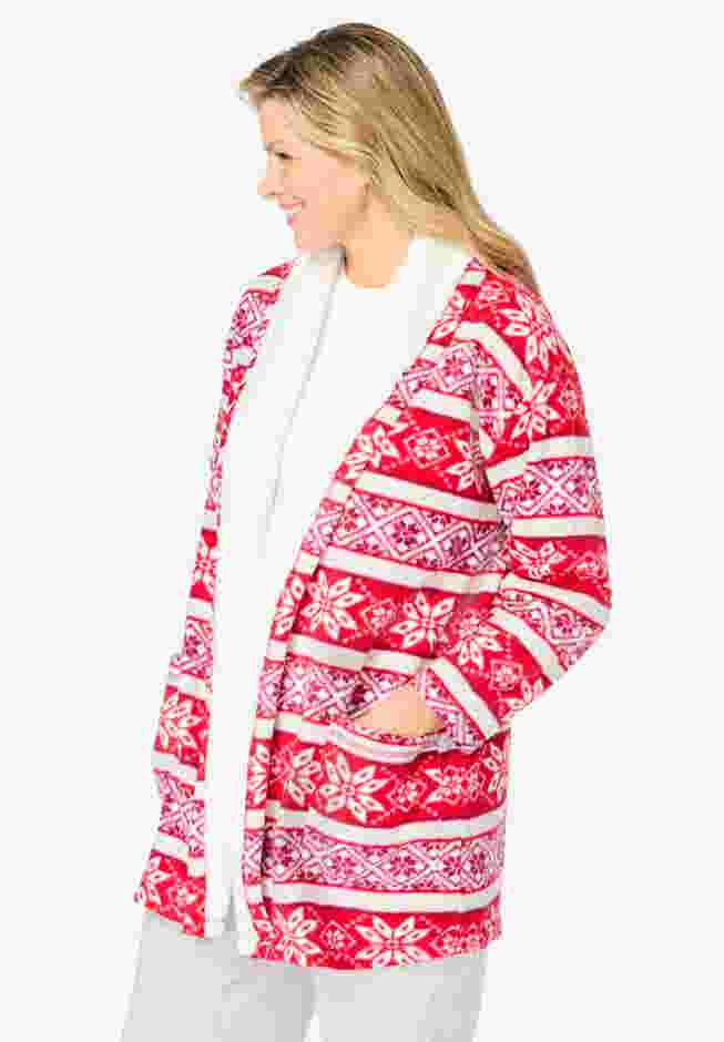 Line Set Sleep Jacket Sherpa Lined Microfleece Bed Jacket for Women, Classic Red Fair Isle ...