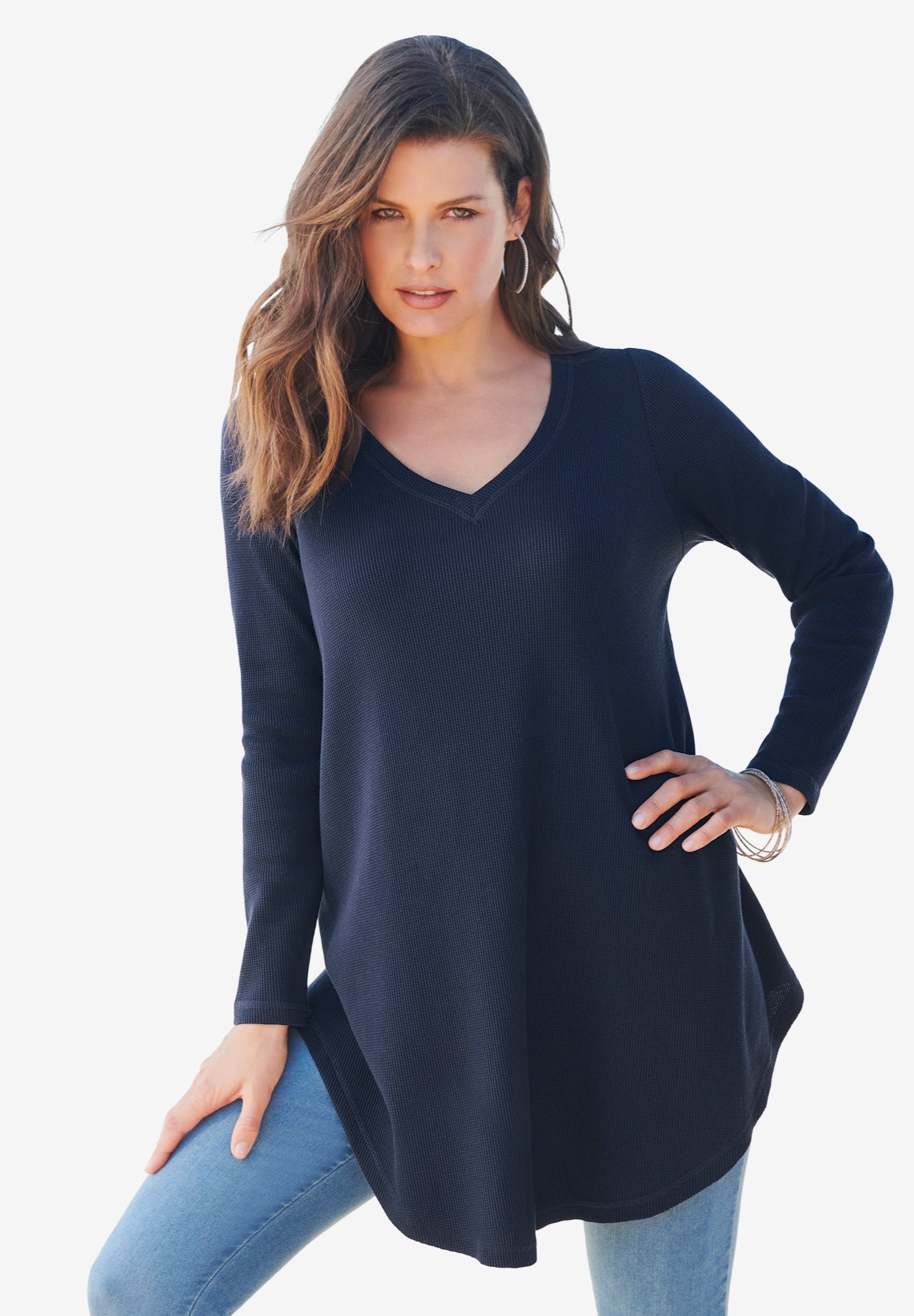 Plus Size Knit Thermal V Neck Swing Tunic &ndash; Long Sleeve image number 0
