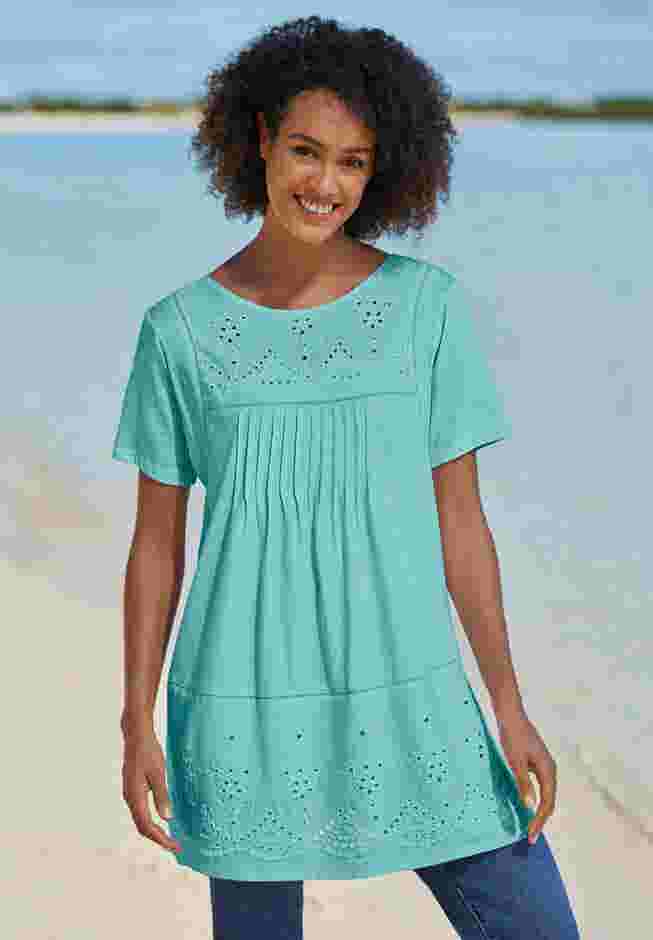 Embroidered Eyelet Pintucked Tunic image number 5