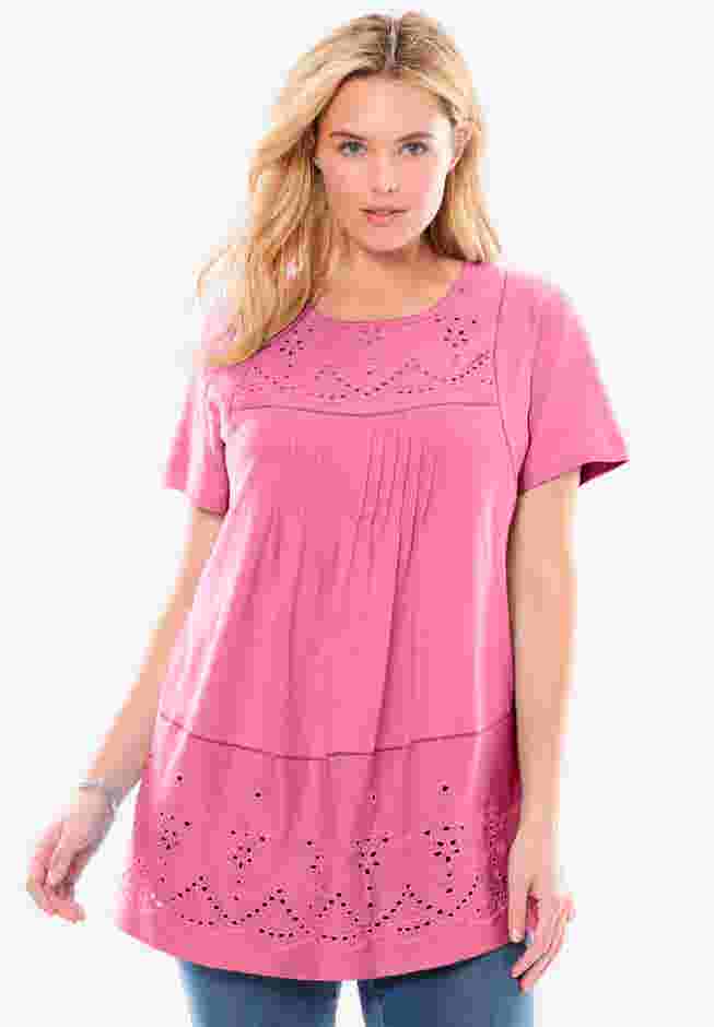 Embroidered Eyelet Pintucked Tunic image number 0