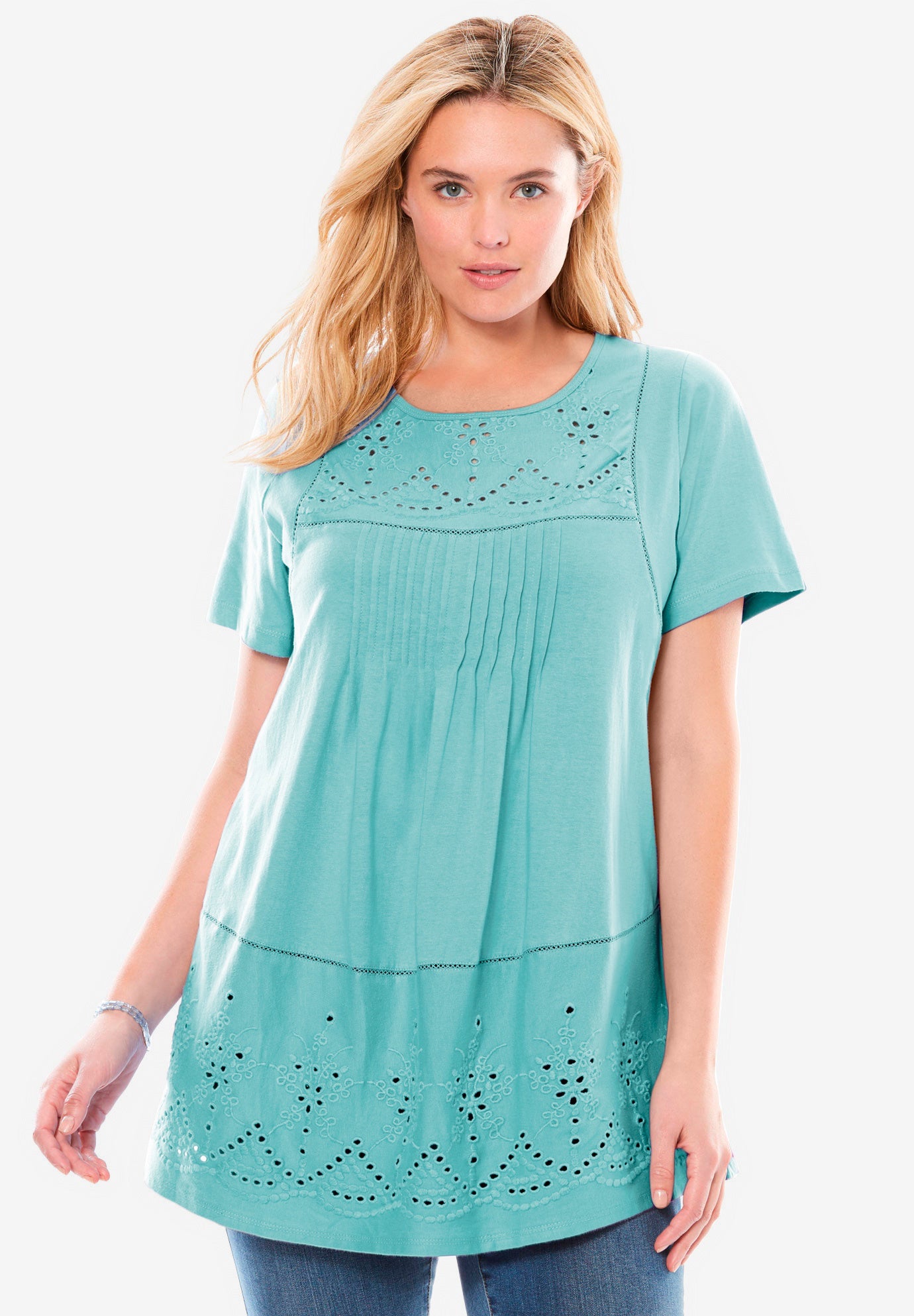 Embroidered Eyelet Pintucked Tunic image number 0