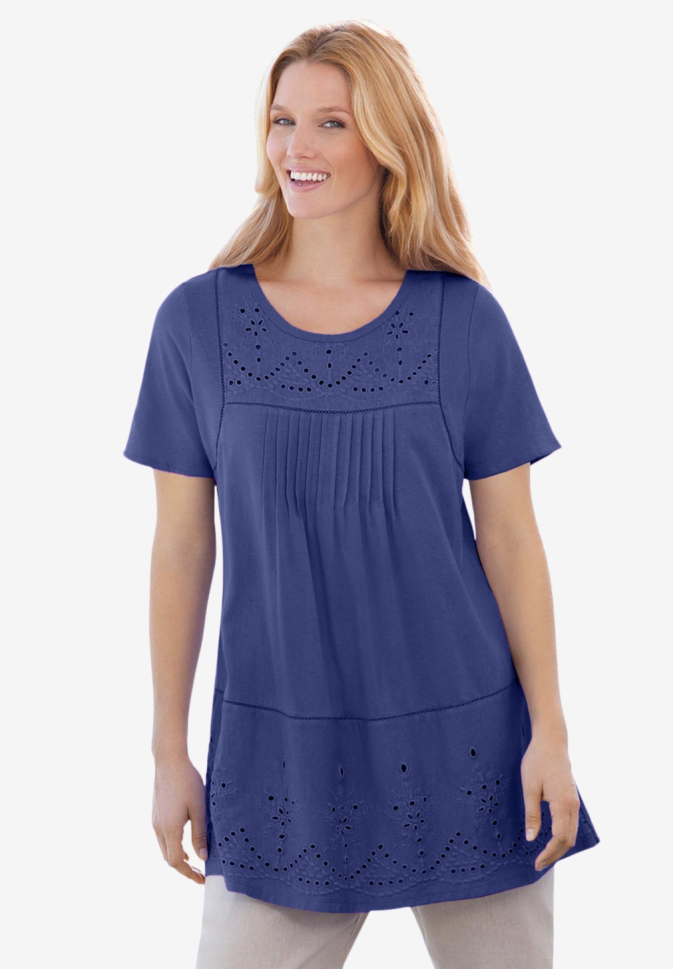 Embroidered Eyelet Pintucked Tunic image number 0