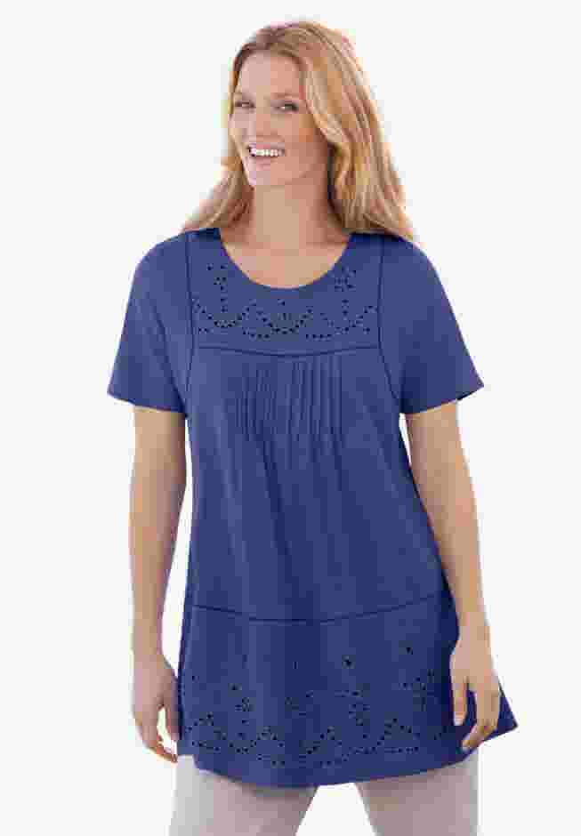 Embroidered Eyelet Pintucked Tunic image number 0