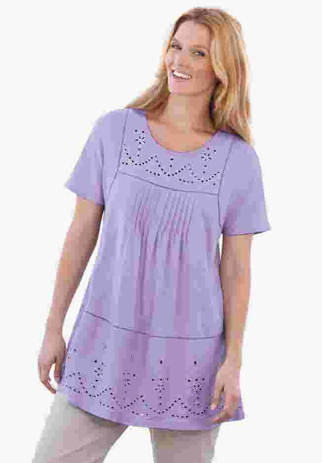 Embroidered Eyelet Pintucked Tunic image number 0