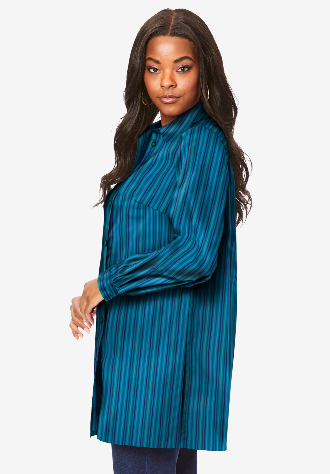 Plus Size Kate Long Sleeve Tunic Easy Cotton-Blend Button-Front Shirt image number 2