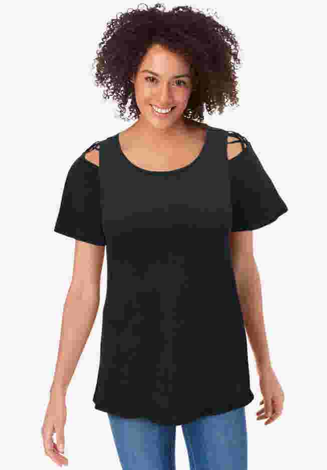 Lattice-Detail Cold-Shoulder Tee image number 0