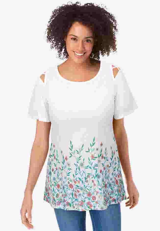 Lattice-Detail Cold-Shoulder Tee image number 0