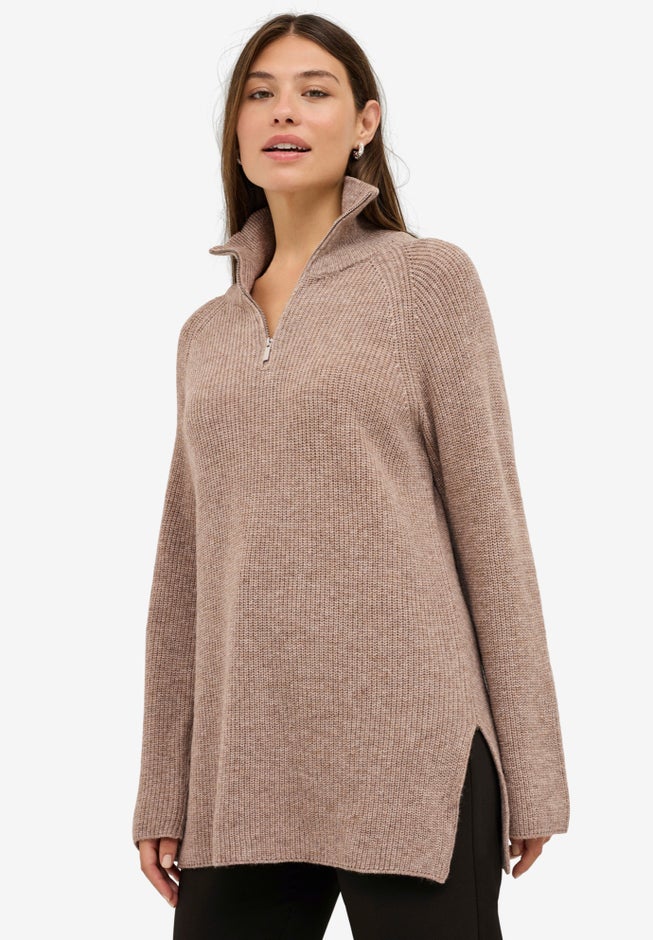 ¼ Zip Sweater Tunic With Side Slits image number 2