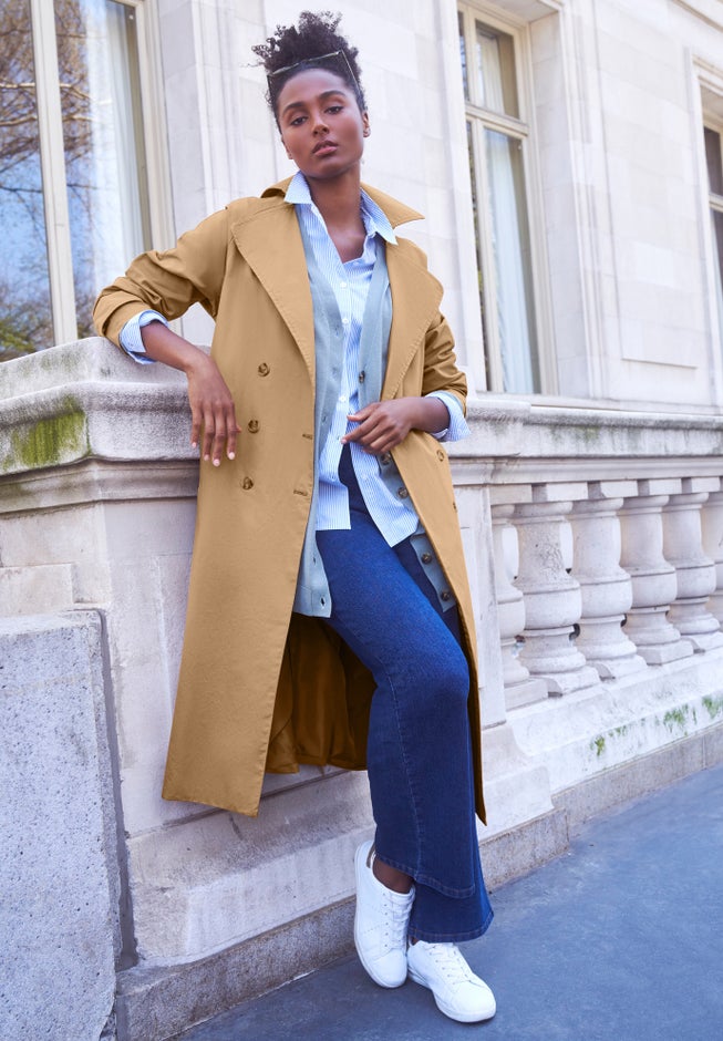 Double-Breasted Belted Trench Coat Raincoat, Soft Camel Woman