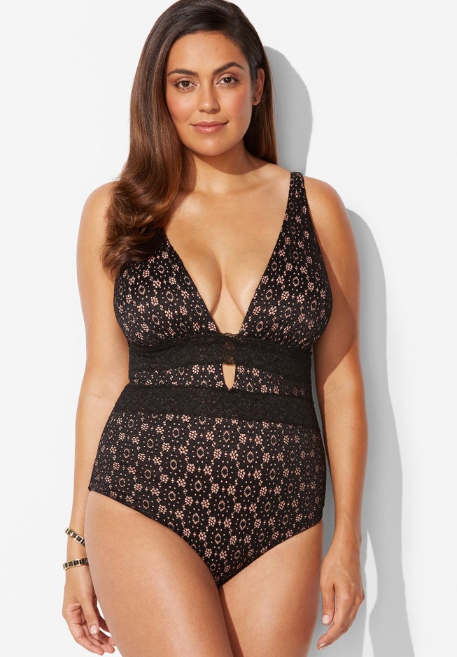 Lace Plunge One Piece Swimsuit image number 3