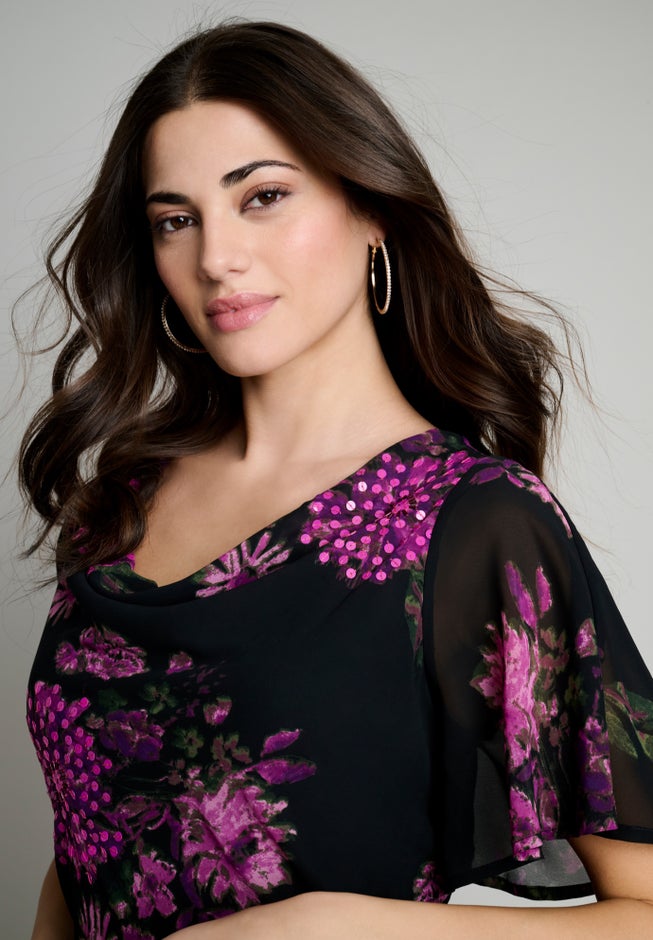 Plus Size Floral Sequin Flutter-Sleeve Gown &ndash; Handkerchief-Hem Maxi Dress image number 3