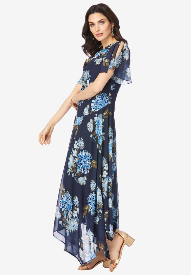 Plus Size Floral Sequin Flutter-Sleeve Gown &ndash; Handkerchief-Hem Maxi Dress image number 2