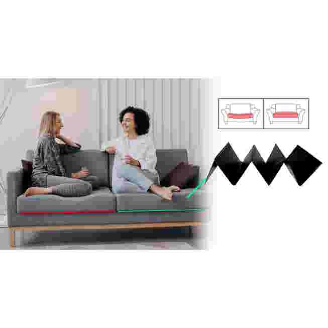Two people sitting on a sofa with the cushion support, demonstrating its use.