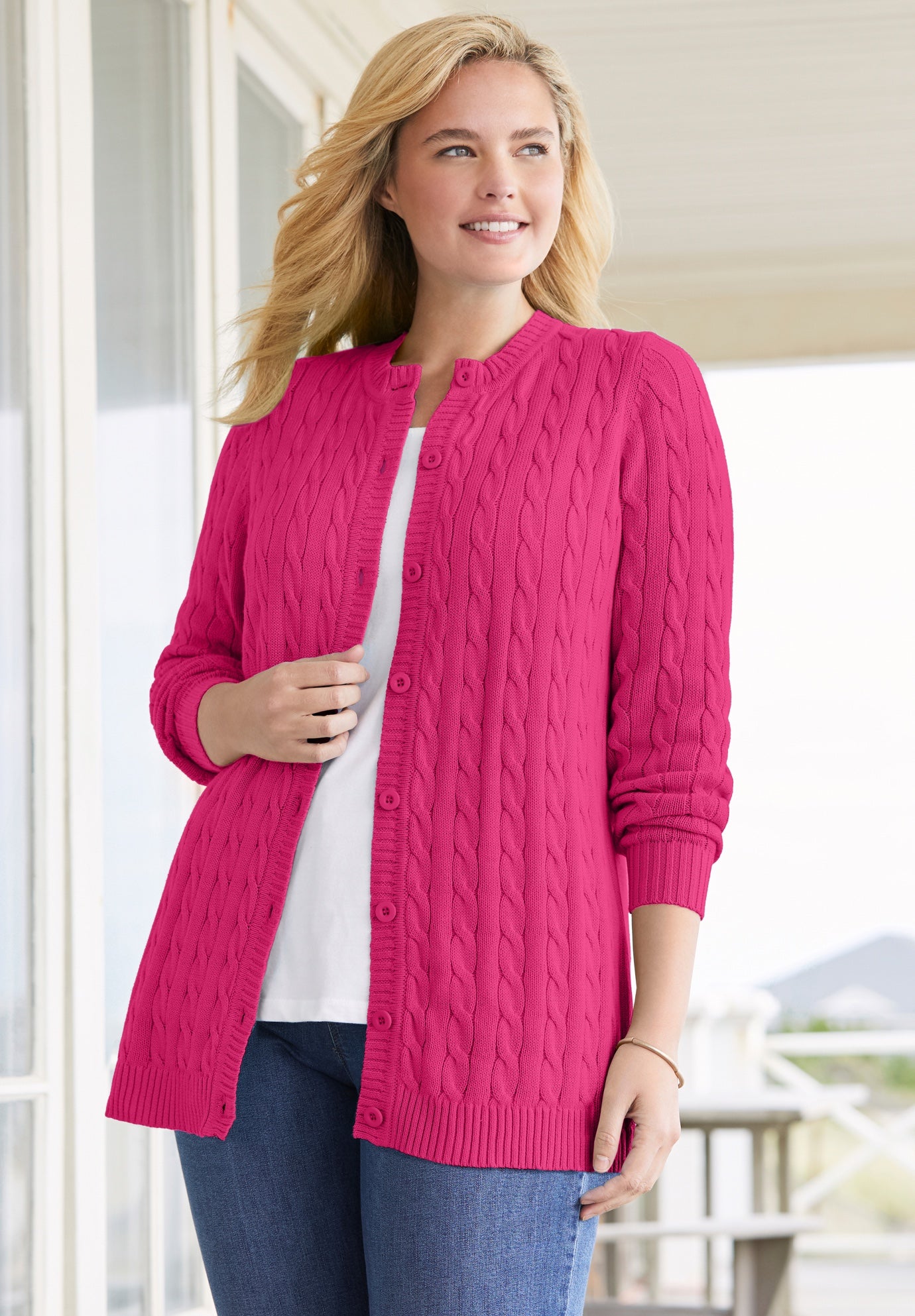 Cotton Cable Knit Cardigan Sweater image number 0