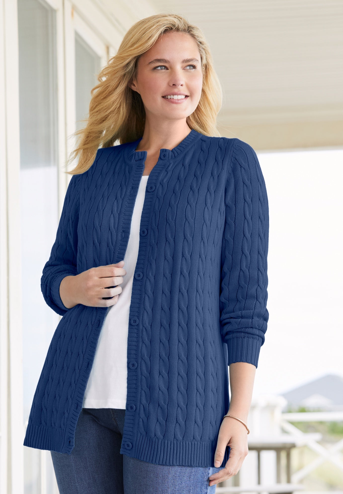 Cotton Cable Knit Cardigan Sweater image number 0