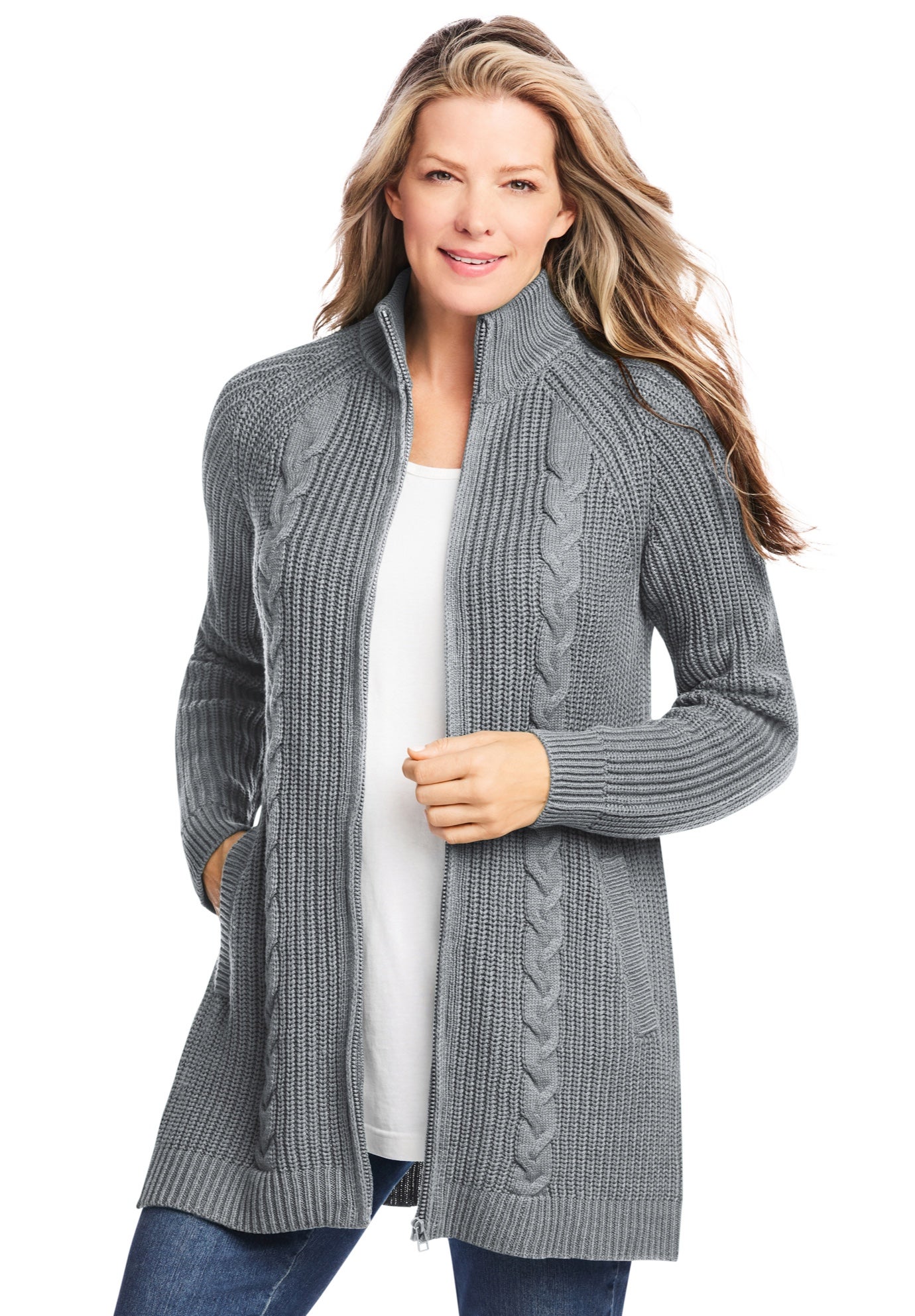 Cabled Zip-Front Cardigan Sweater image number 0