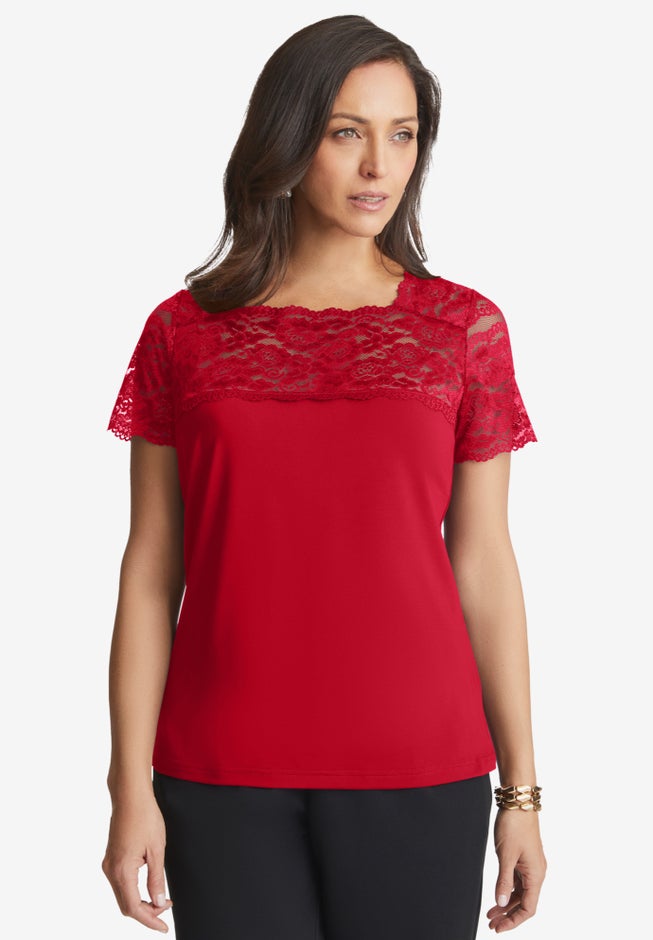 Stretch Lace Neckline Top image number 0