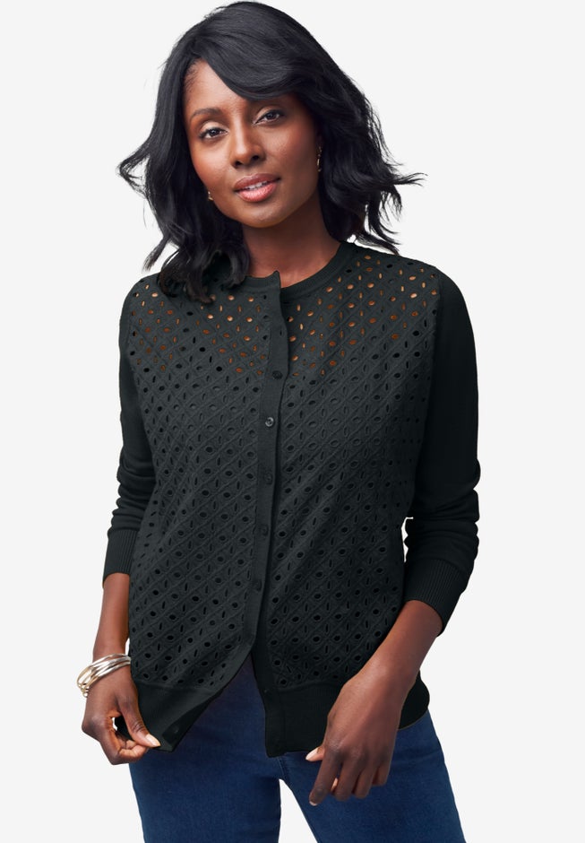 Fine Gauge Eyelet Cardigan Long Sleeve, Black Woman Within